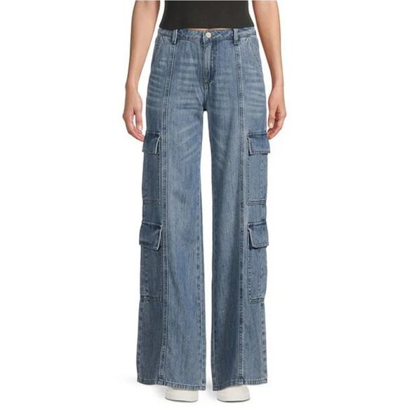 NWT Prosperity Cargo Jean Blue Utility High Rise Wide Straight Seam Detail sz 29 - Picture 1 of 16